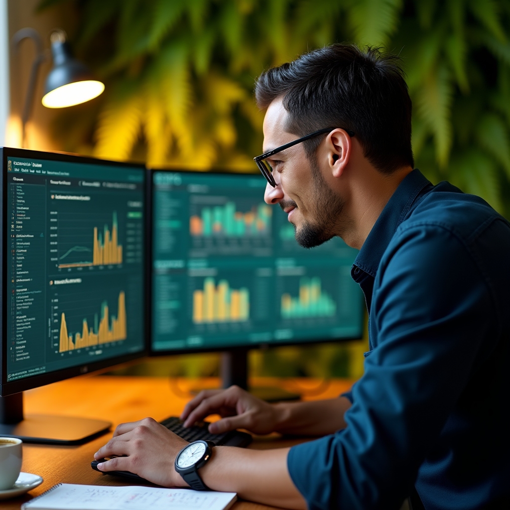 Финансовый аналитик за работой с данными торговой сети